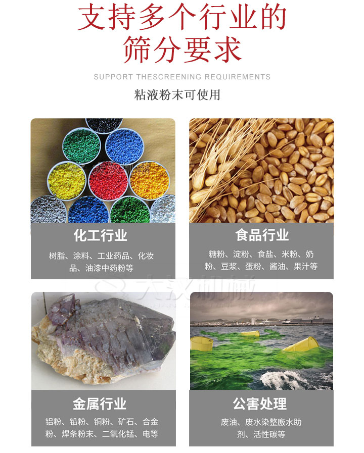 適用于化工行業，食品行業，金屬行業，以及公害處理等行業?；ば袠I：樹脂，涂料，工業藥品，化妝品，油漆，中藥粉等;食品行業：糖粉，淀粉，食用鹽，米粉，奶粉，豆漿，蛋粉，醬油，果汁等;金屬行業：鋁粉，鉛粉，銅粉，礦石，合金粉，焊條粉末，二氧化錳，電等。公害處理：廢油，廢水染整廒水助劑，活性炭等。超聲波振動篩支持挑選定制常見的有：不銹鋼，碳鋼，全不銹鋼三種規格。不銹鋼：耐腐蝕，耐高溫適合化工行業,碳鋼：鋼性強，硬度高經久耐用,全不銹鋼：機身經久耐用不易生銹不易腐蝕超聲波振動篩共有一到四層可供選擇。大漢超聲波振動篩優勢：篩分效率高，篩分精度高，產量可提高0.5-10倍適用于：大米，米粉，綠豆，小米等。輕松解決堵網問題適用10目-635目之間的物料。
