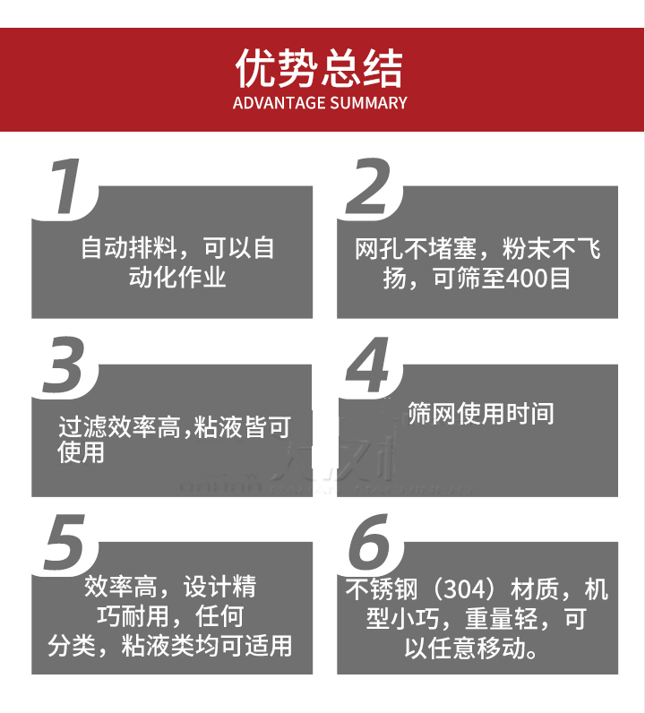 過濾篩優勢總結：1，自動排料，可以自動化作用。2，網孔不堵塞，粉塵不飛揚，可篩至400目。3，過濾效率高，任何粒，粉，粘液也可使用。4，篩網設計大大提高了篩網使用時間，也魏換網提高了方便。5，效率高，設計精巧耐用，任何分類設計精巧耐用，任何分類，粘液類均可適用。6，不銹鋼材質機型小巧，重量輕，可以任意移動。
