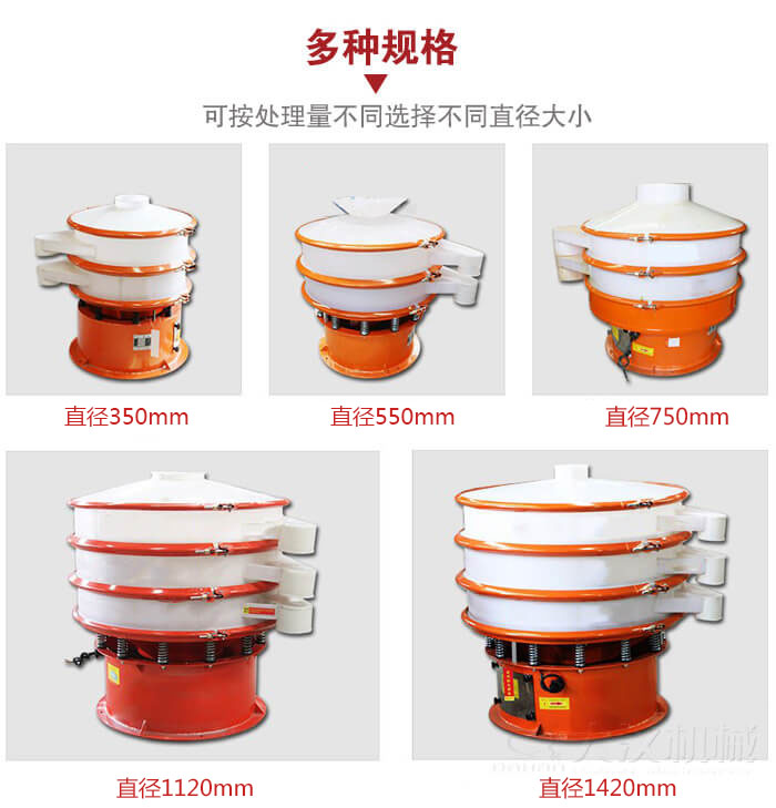 塑料振動篩不同篩分直徑進行展示：350，550，750，1120，1420等。
