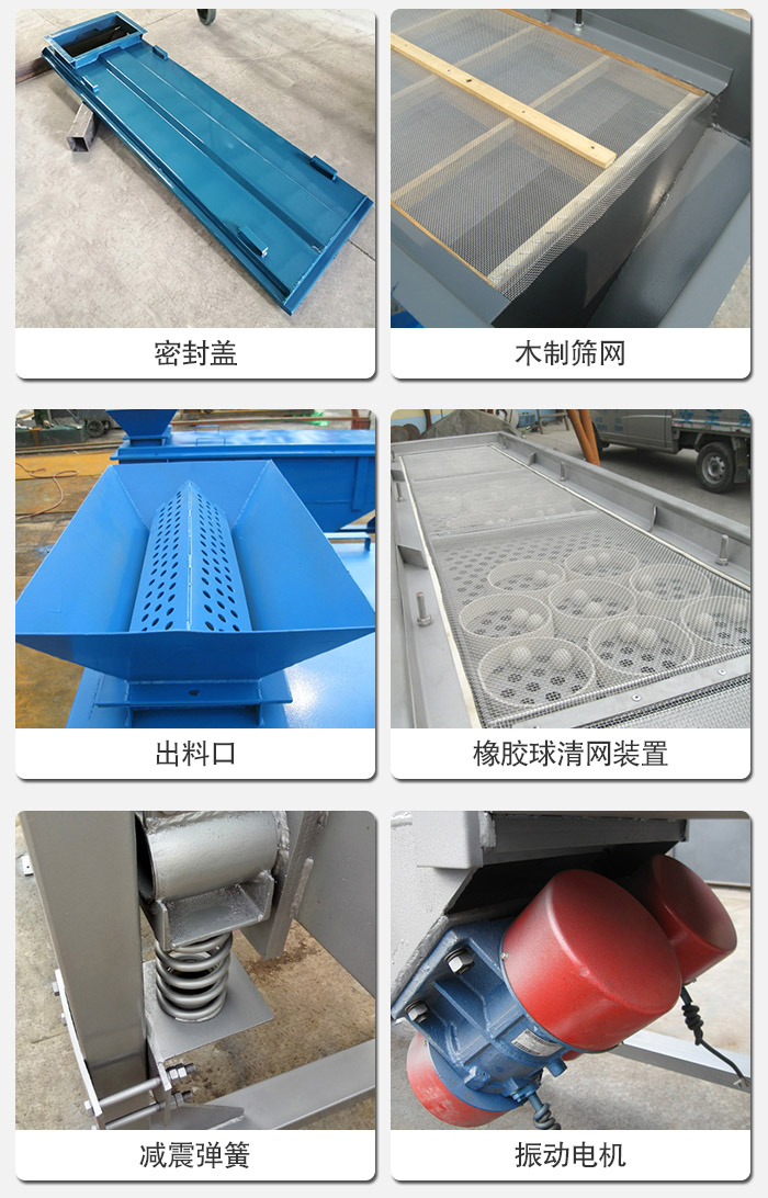 直線篩分機(jī)的結(jié)構(gòu)展示圖：篩箱是物料主要篩分設(shè)備之一，篩網(wǎng)用于篩分物料，振動(dòng)電機(jī)幫助篩網(wǎng)篩分。