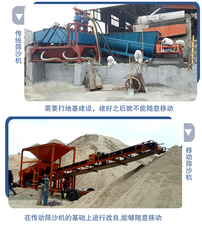 移動的篩沙機(jī)在安裝前需要打地基，而固定完畢后就不能隨意的移動，而移動篩沙機(jī)不需要打地并且隨時能夠進(jìn)行移動。